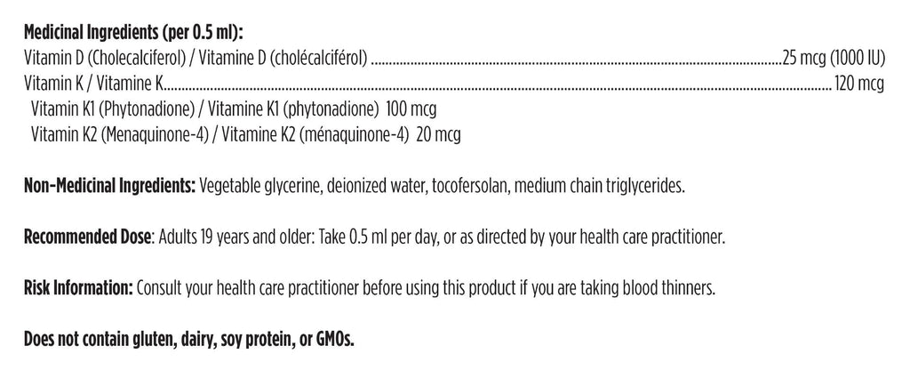 Vitamins K1 and K2 label with medicinal and non-medical ingredients.