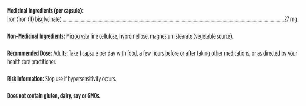Product label with medicinal and non-medicinal ingredients, recommended dose, and risk information.