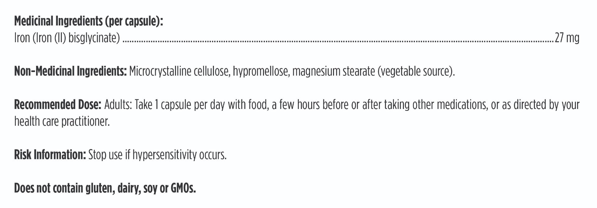 Product label with medicinal and non-medicinal ingredients, recommended dose, and risk information.