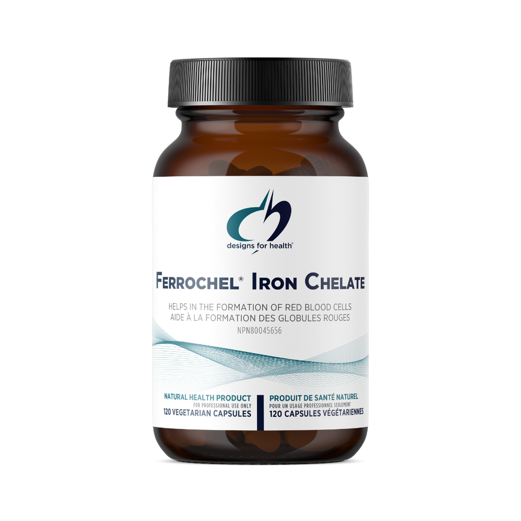 Ferrochel Iron Chelate supplement bottle with label on a white background