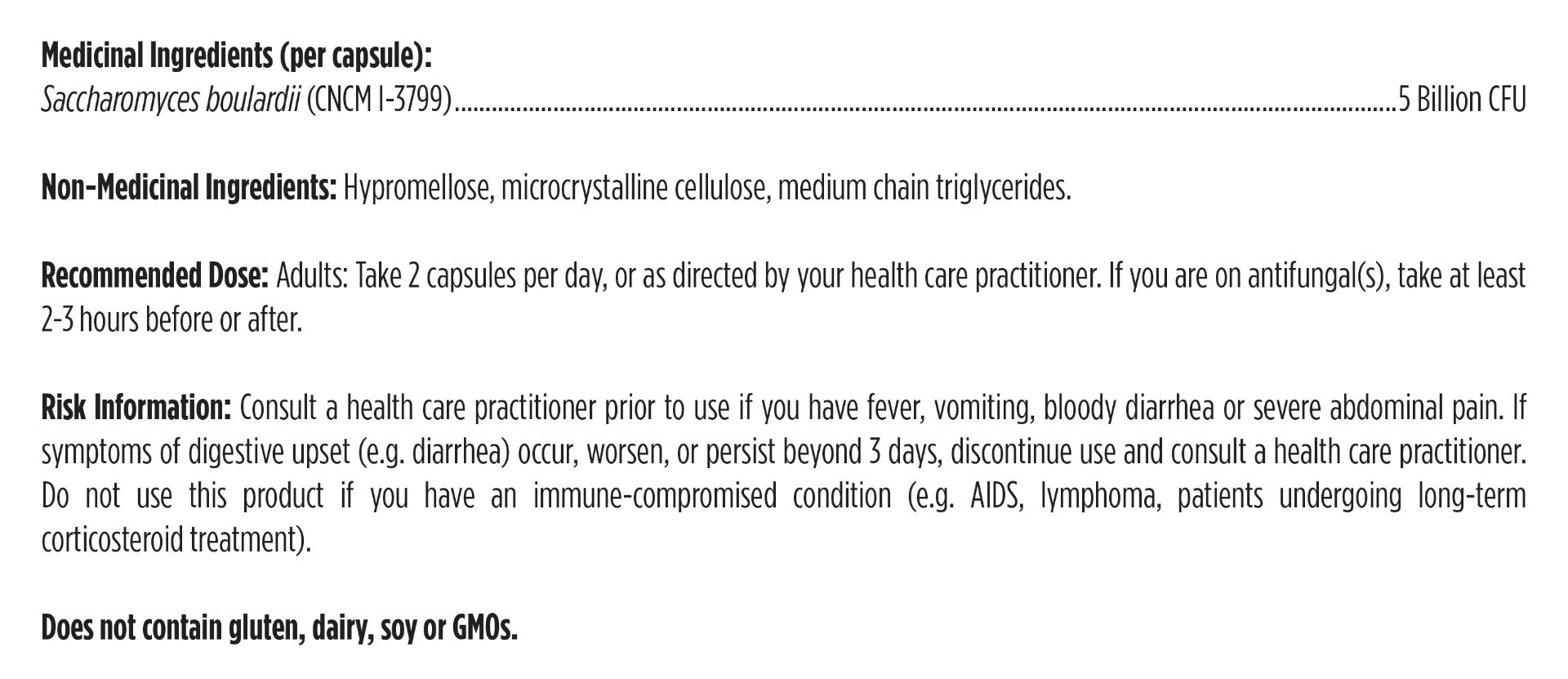 Product label with medicinal and non-medicinal ingredients, recommended dose, and risk information.