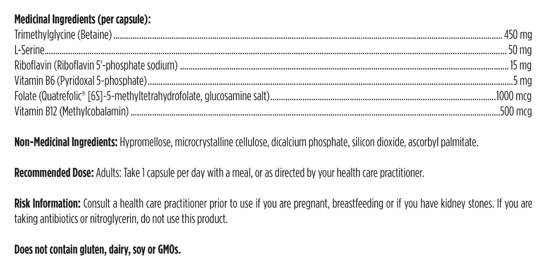 List of medicinal and non-medicinal ingredients with their quantities on a white background