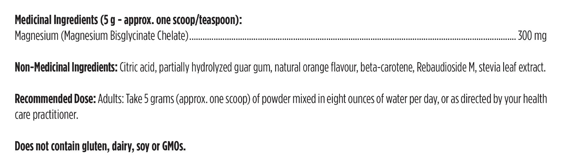Product label with medicinal and non-medicinal ingredients, recommended dose, and allergen information.
