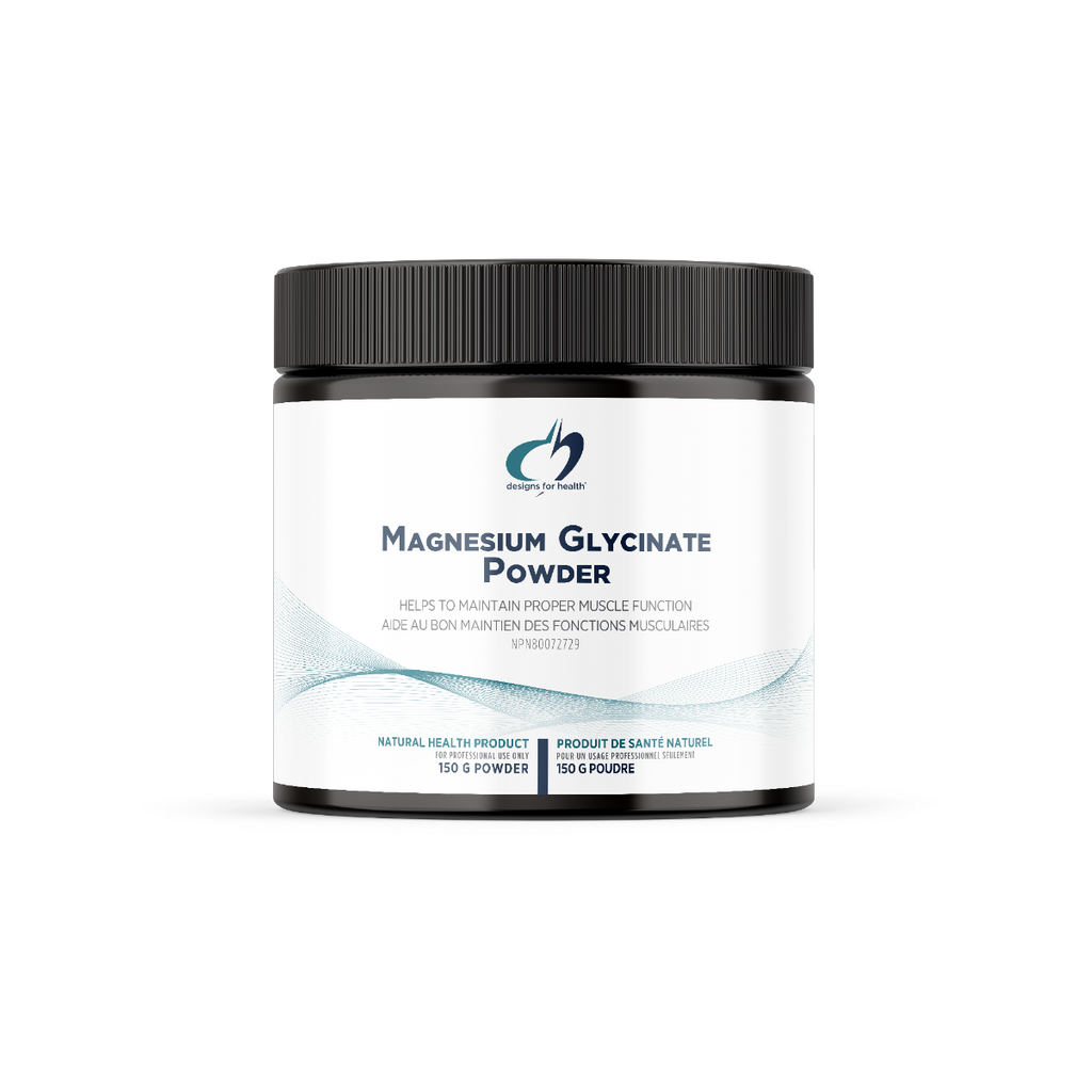 Jar of magnesium glycinate powder on a white background