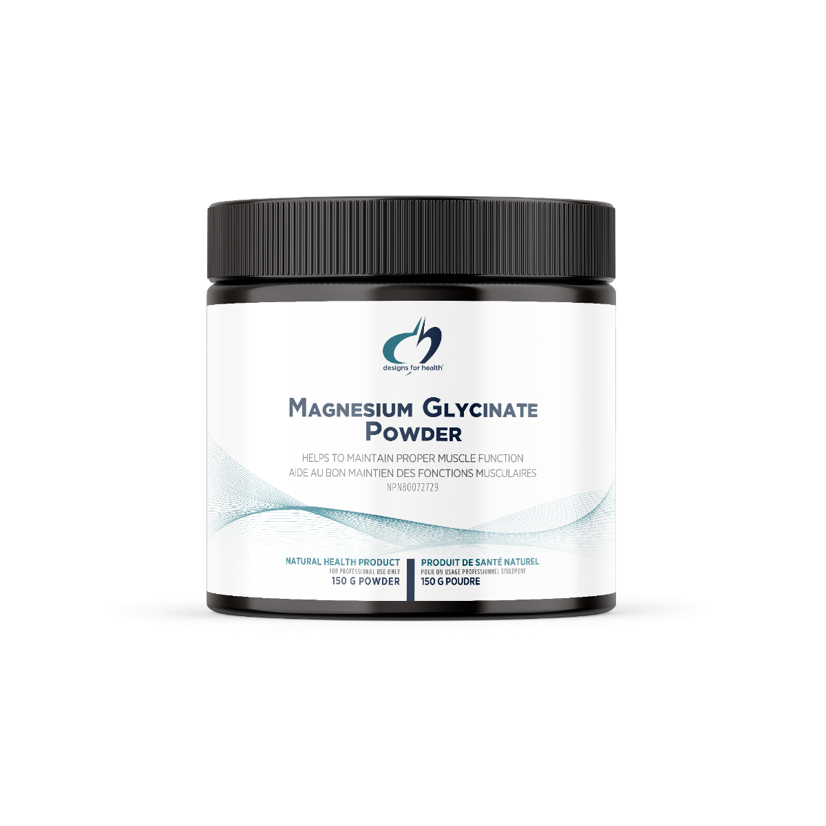 Jar of magnesium glycinate powder on a white background