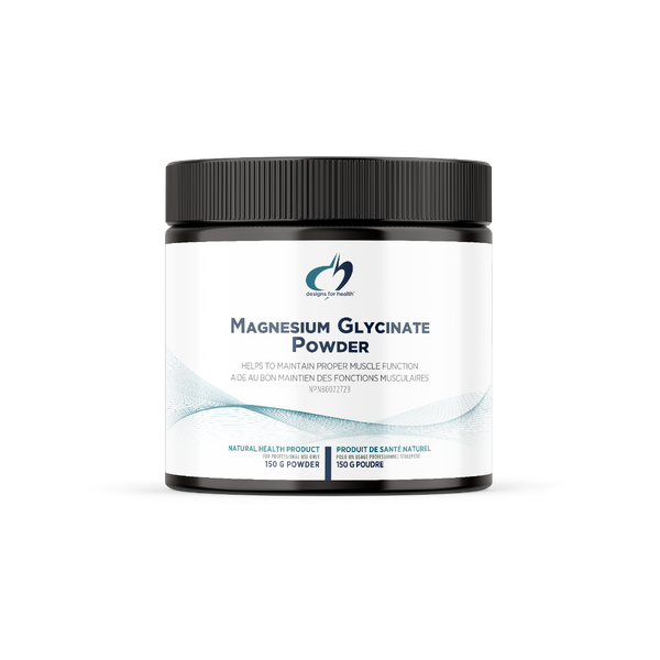 Jar of magnesium glycinate powder on a white background