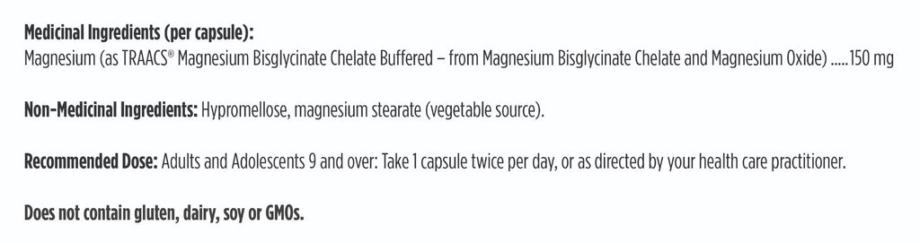 Supplement capsule label with medicinal and non-medicinal ingredients, recommended dose, and allergen information.