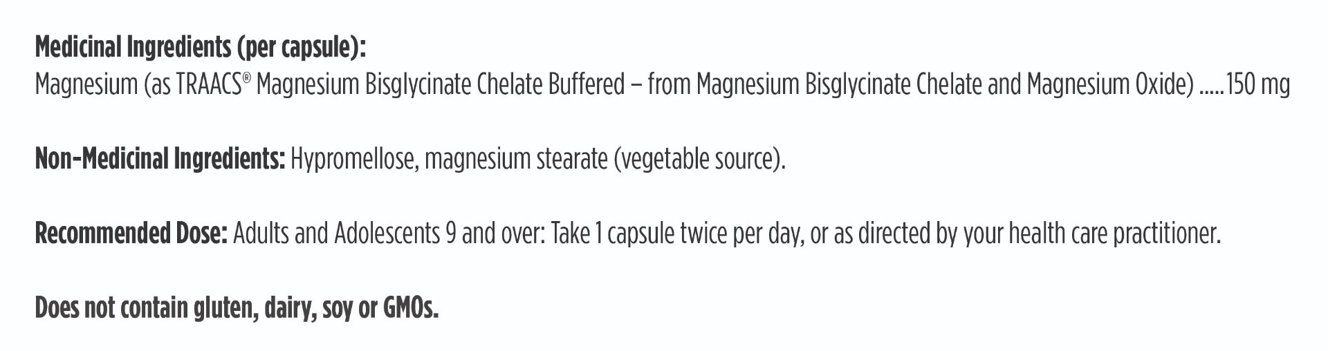 Supplement capsule label with medicinal and non-medicinal ingredients, recommended dose, and allergen information.