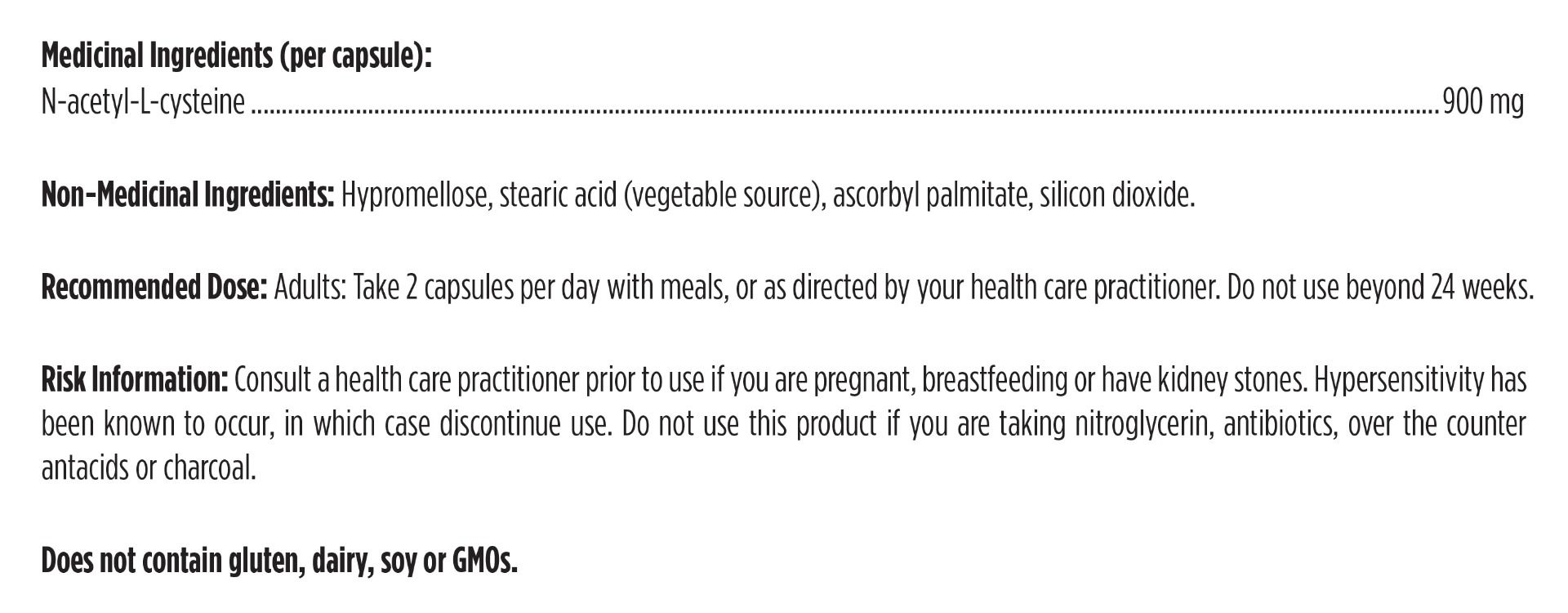 Product label with medicinal and non-medicinal ingredients, recommended dose, and risk information.