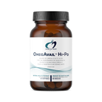 Brown supplement bottle labeled 'OmegAvail Hi-Po' on a white background