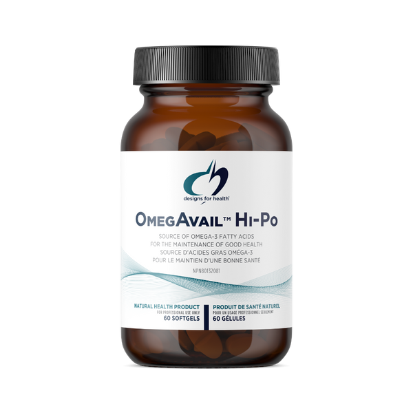 Brown supplement bottle labeled 'OmegAvail Hi-Po' on a white background