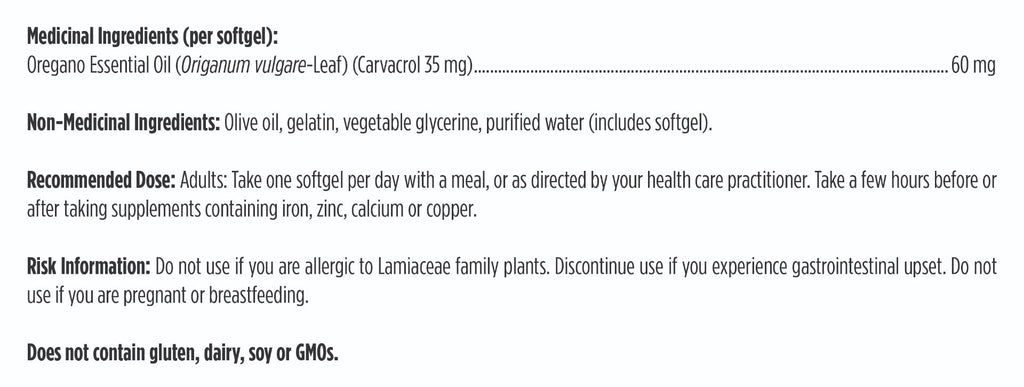 Medicinal ingredient list and dosing information on a white background