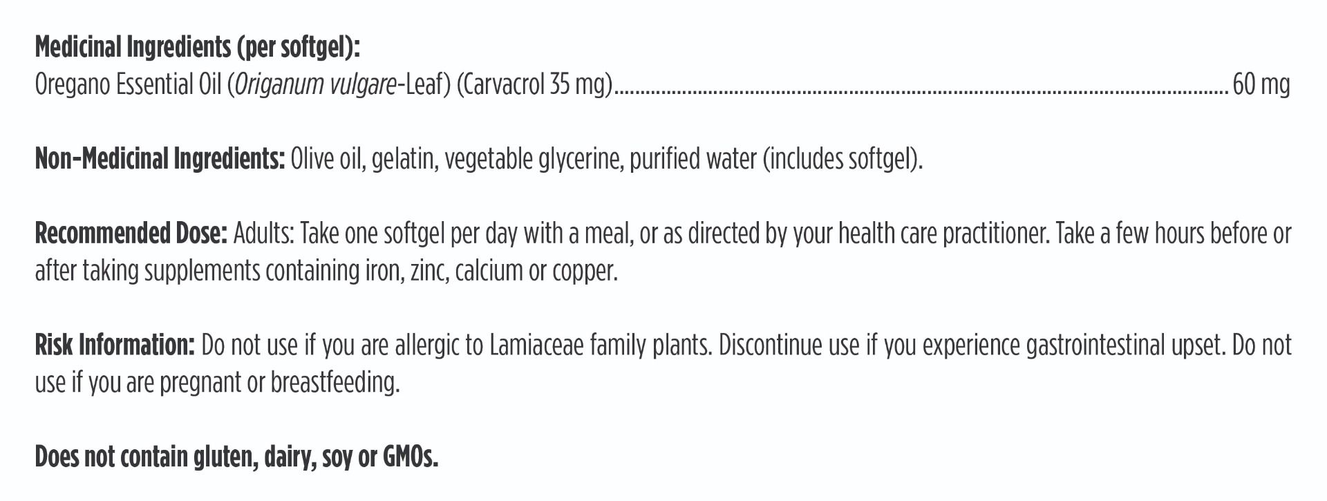 Medicinal ingredient list and dosing information on a white background