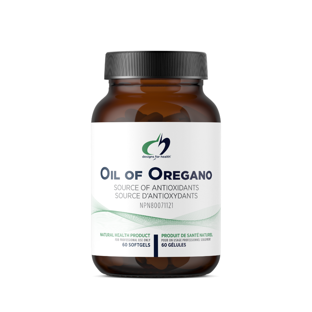 Bottle of Oil of Oregano with a white label on a white background