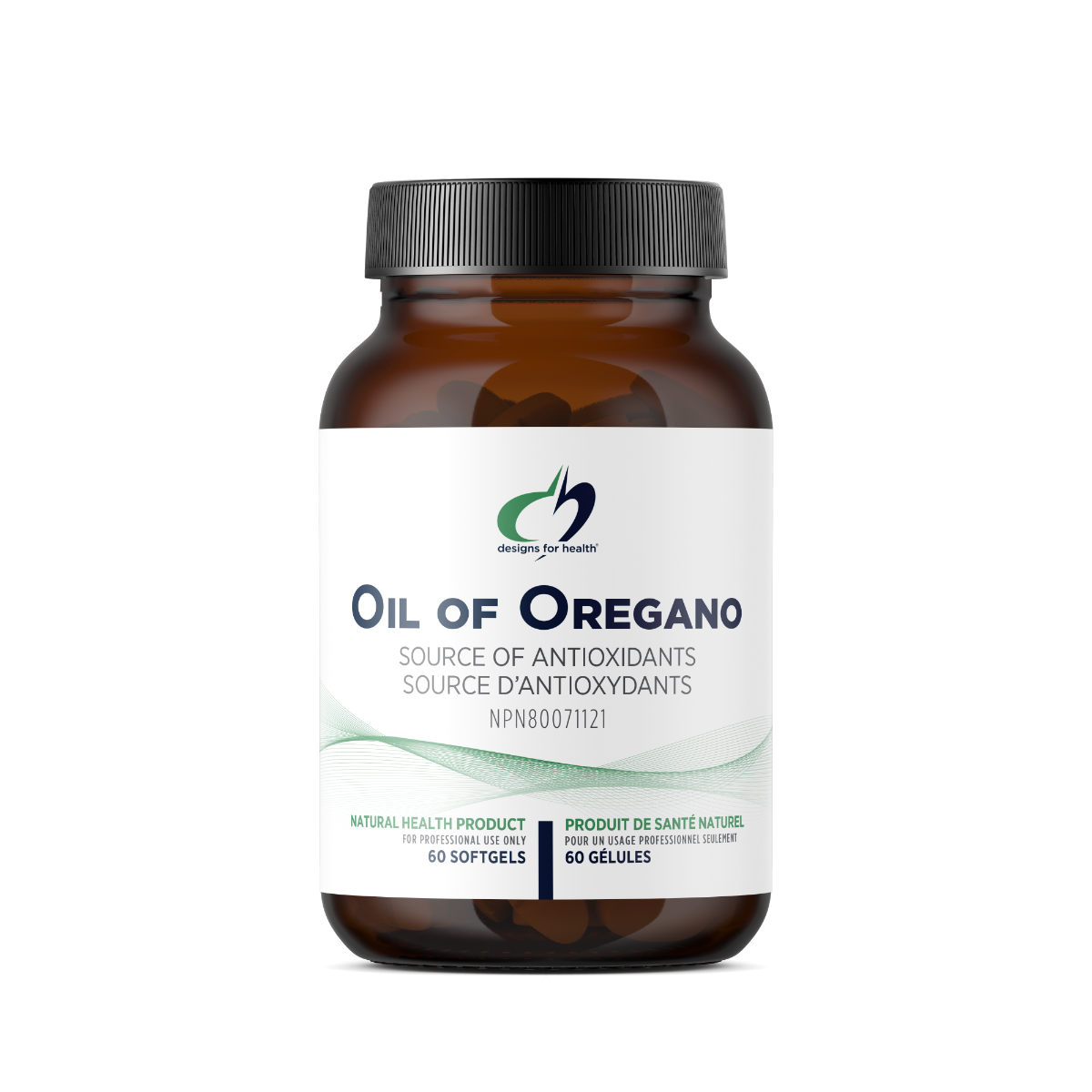 Bottle of Oil of Oregano with a white label on a white background