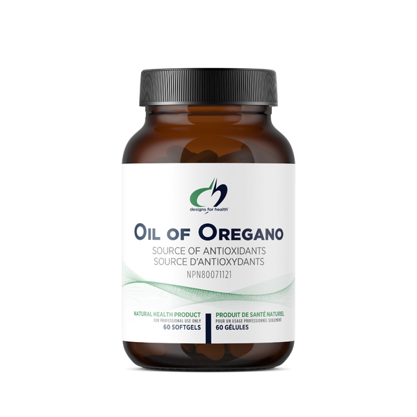 Bottle of Oil of Oregano with a white label on a white background