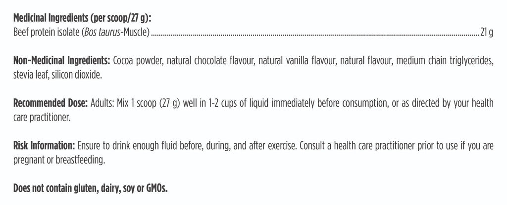 Nutritional label with medicinal and non-medicinal ingredients, recommended dose, and risk information.