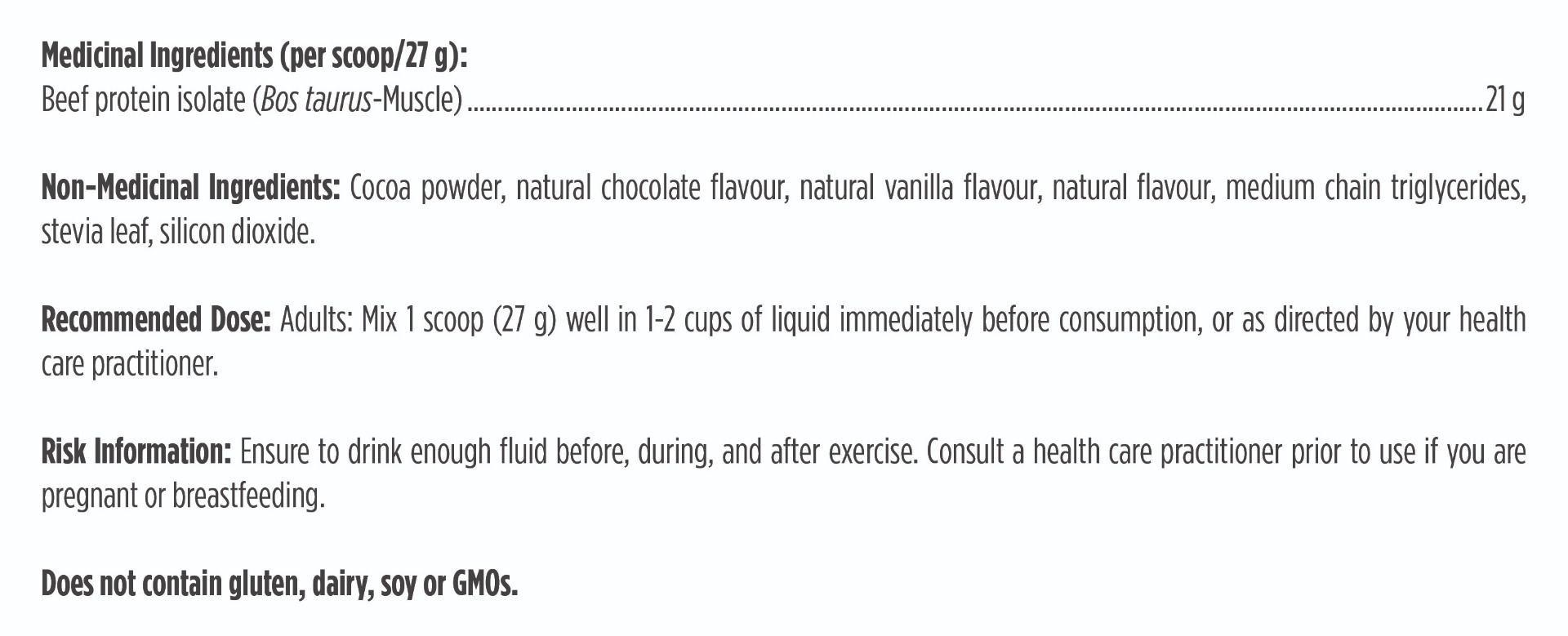 Nutritional label with medicinal and non-medicinal ingredients, recommended dose, and risk information.