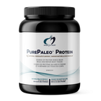 PurePaleo Protein container with black lid on a white background