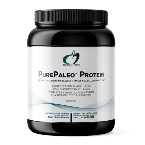 PurePaleo Protein container with black lid on a white background