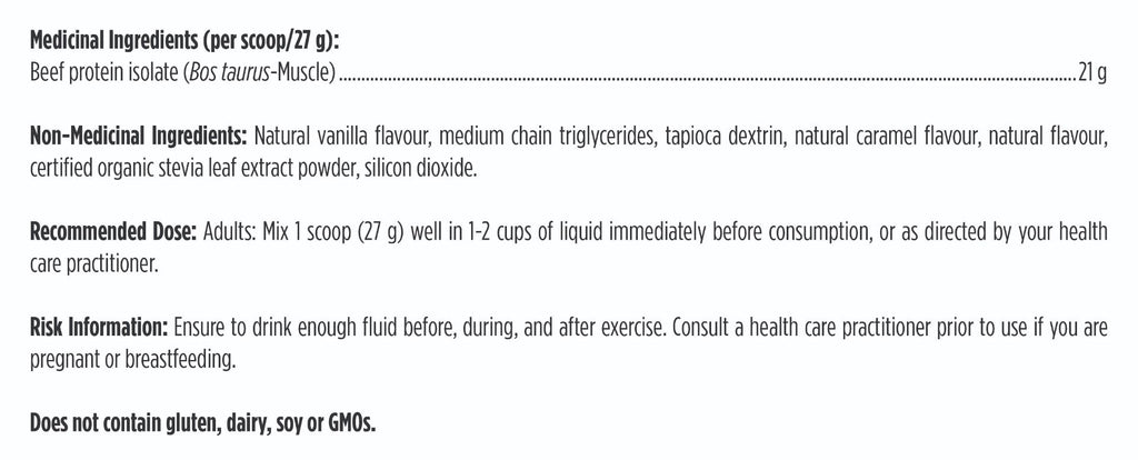 Nutritional label with medicinal and non-medicinal ingredients, recommended dose, and risk information.