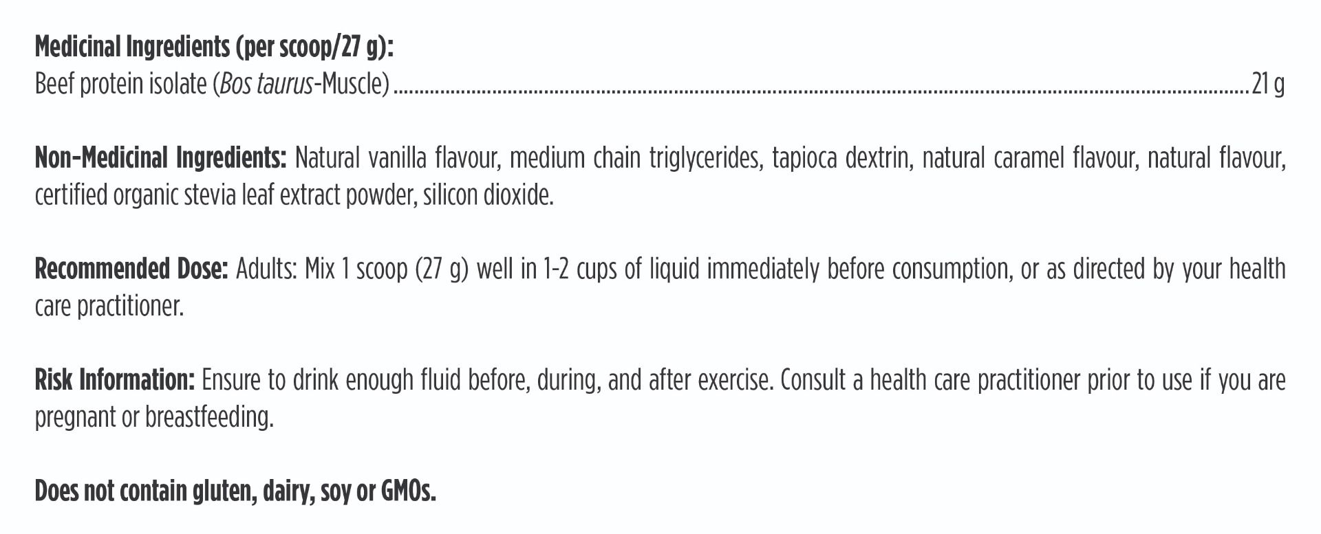Nutritional label with medicinal and non-medicinal ingredients, recommended dose, and risk information.
