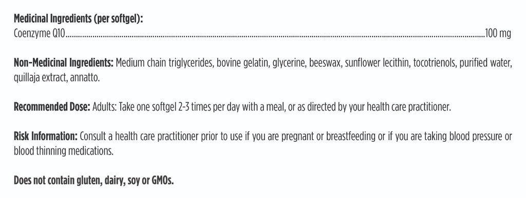 Text detailing medicinal and non-medicinal ingredients of a softgel, along with recommended dose and risk information.