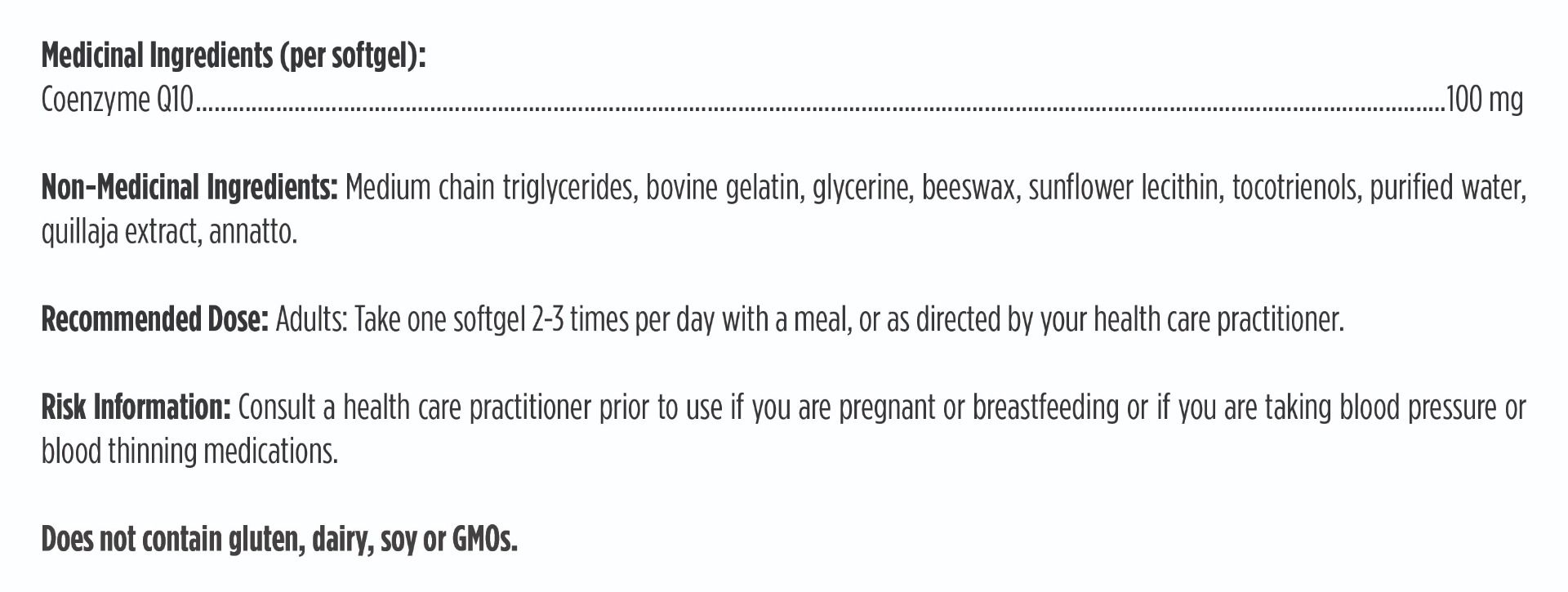Text detailing medicinal and non-medicinal ingredients of a softgel, along with recommended dose and risk information.