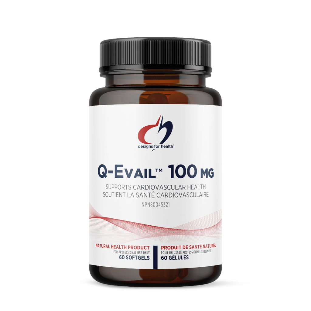 Vitamins bottle labeled 'Q-Evail 100 mg' on a white background
