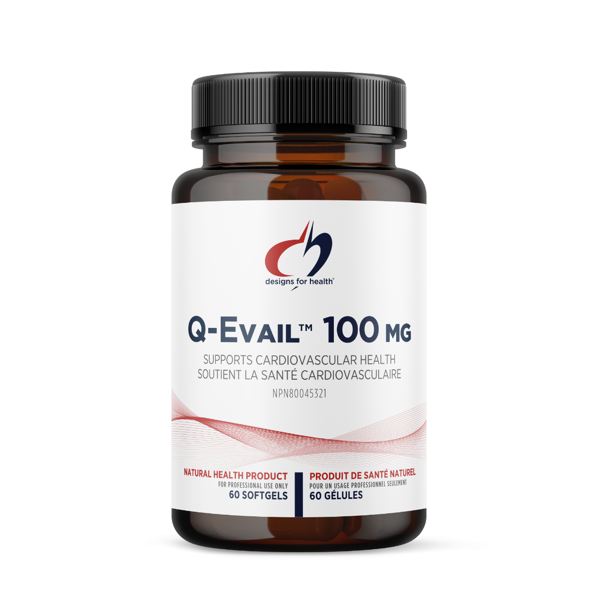 Vitamins bottle labeled 'Q-Evail 100 mg' on a white background