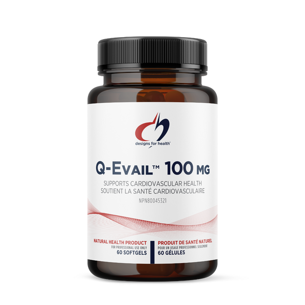 Vitamins bottle labeled 'Q-Evail 100 mg' on a white background
