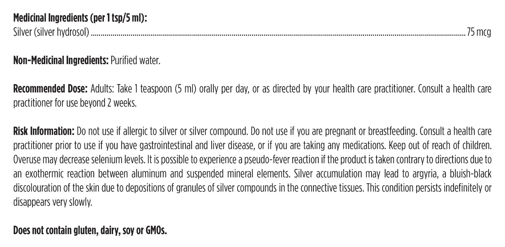 Product label with medicinal and non-medicinal ingredients, recommended dose, and risk information.
