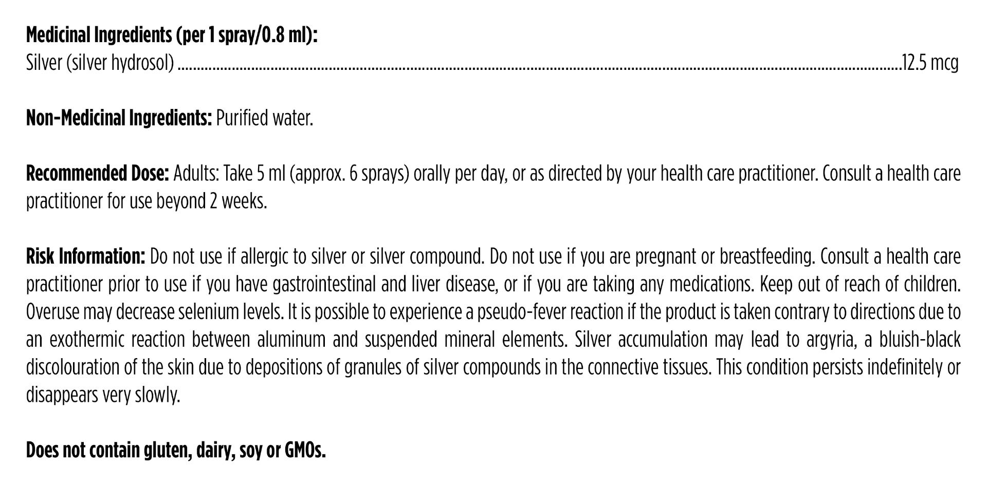 Product label with medicinal and non-medicinal ingredients, recommended dose, and risk information.