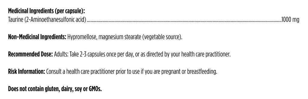 Product label with medicinal and non-medicinal ingredients, recommended dose, and risk information.