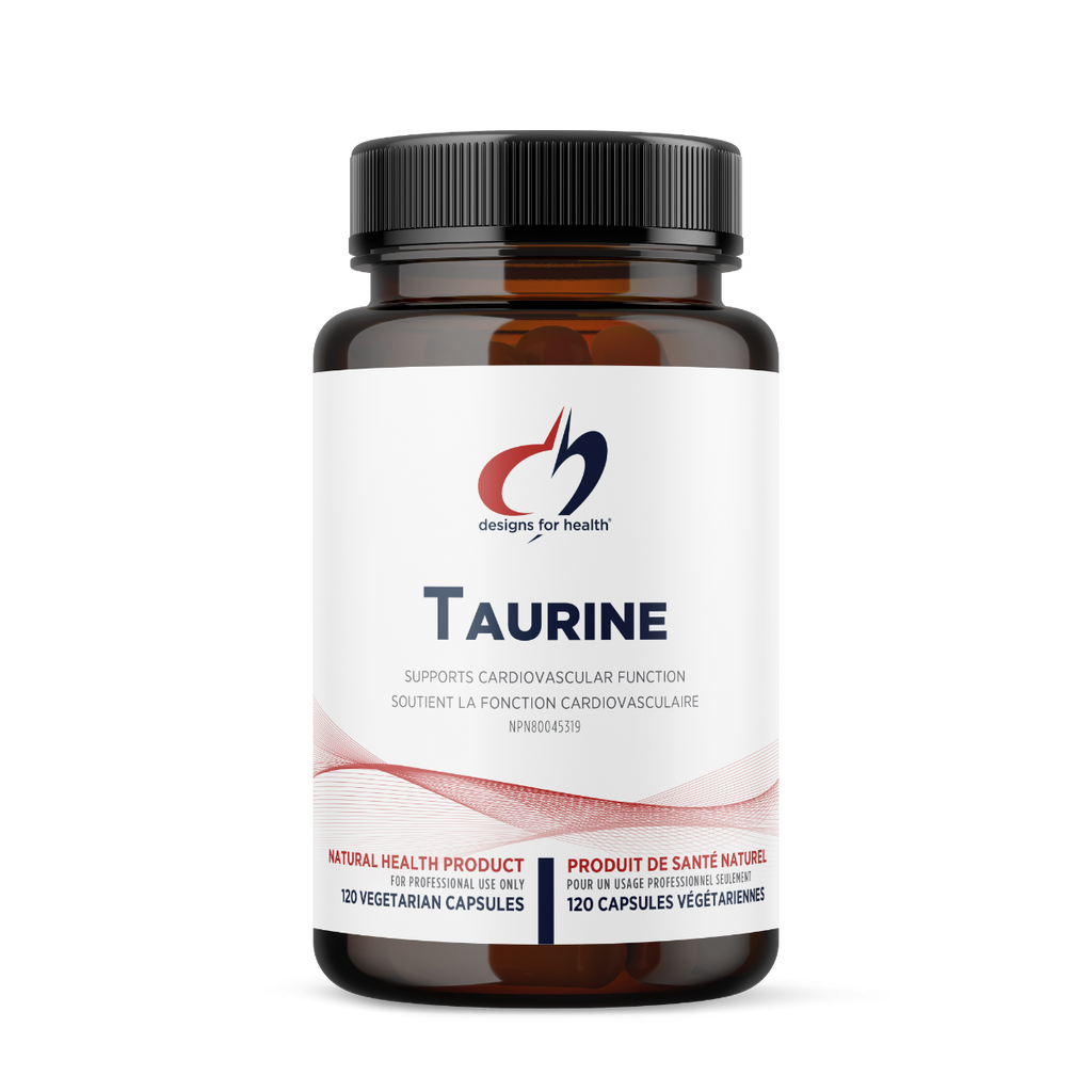 Bottle of Taurine supplement with Designs for Health logo on a white background