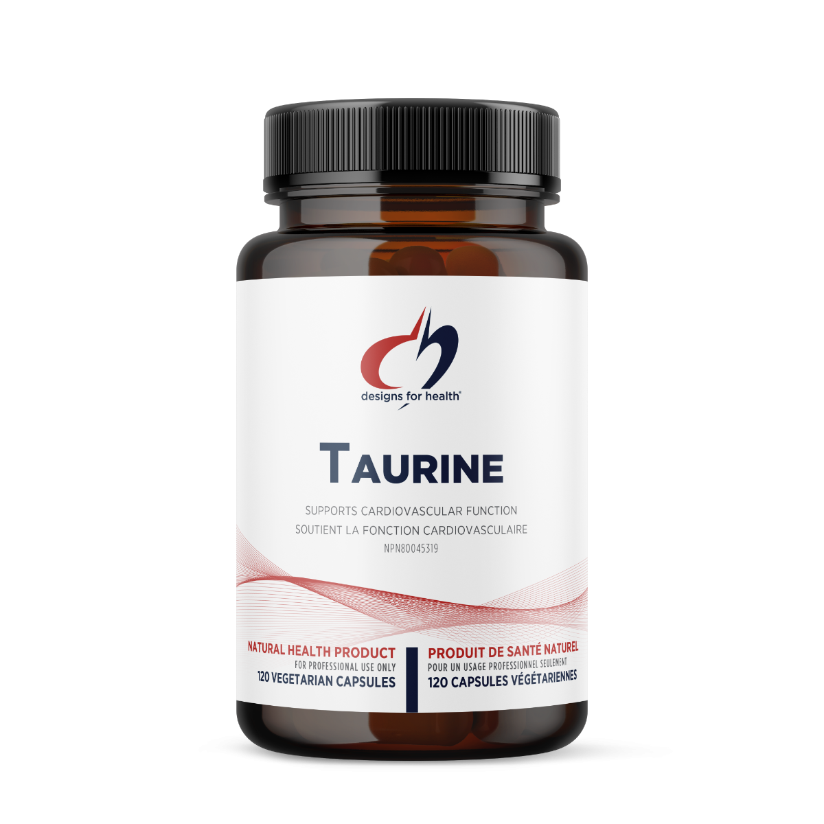 Bottle of Taurine supplement with Designs for Health logo on a white background