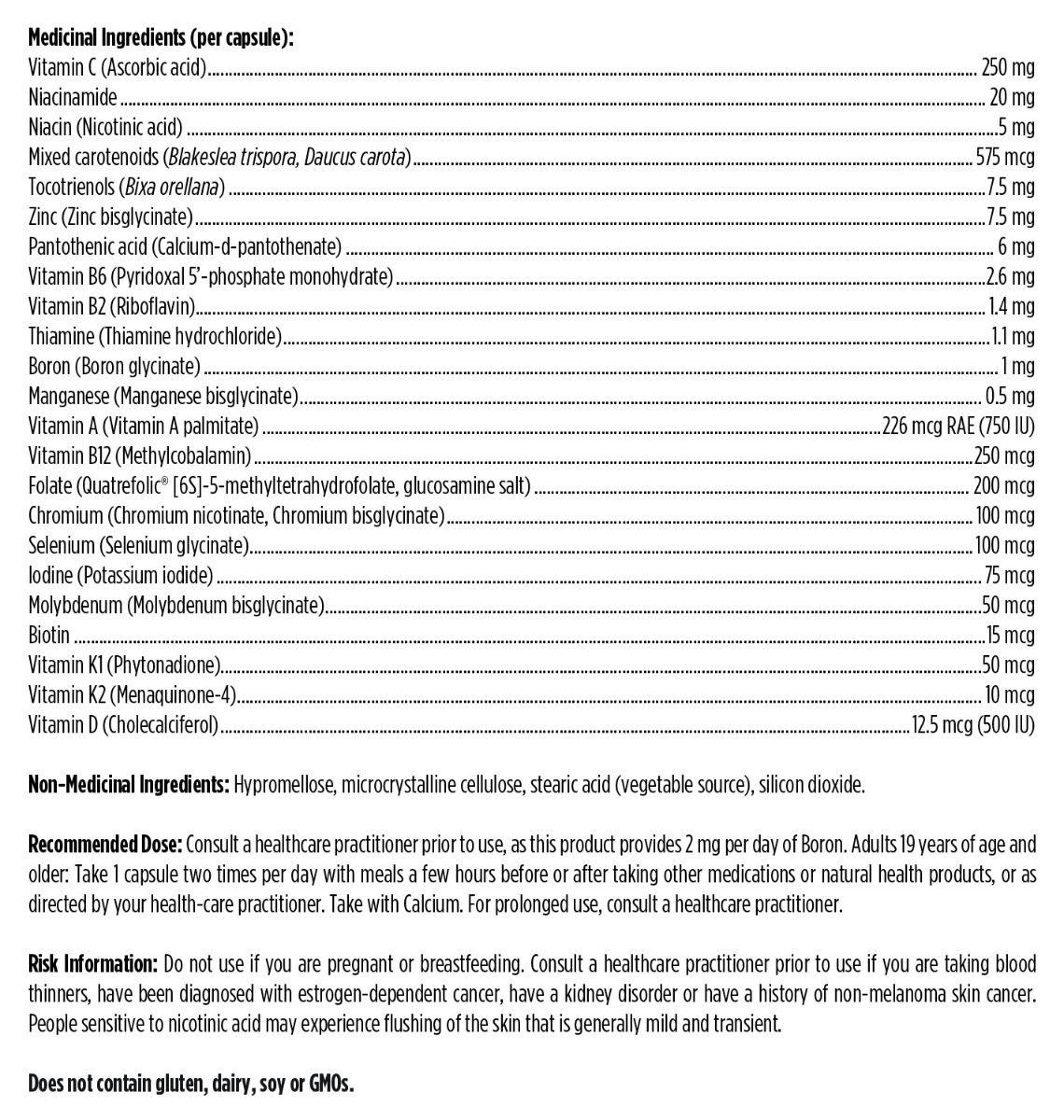 List of medicinal and non-medicinal ingredients with their quantities on a white background