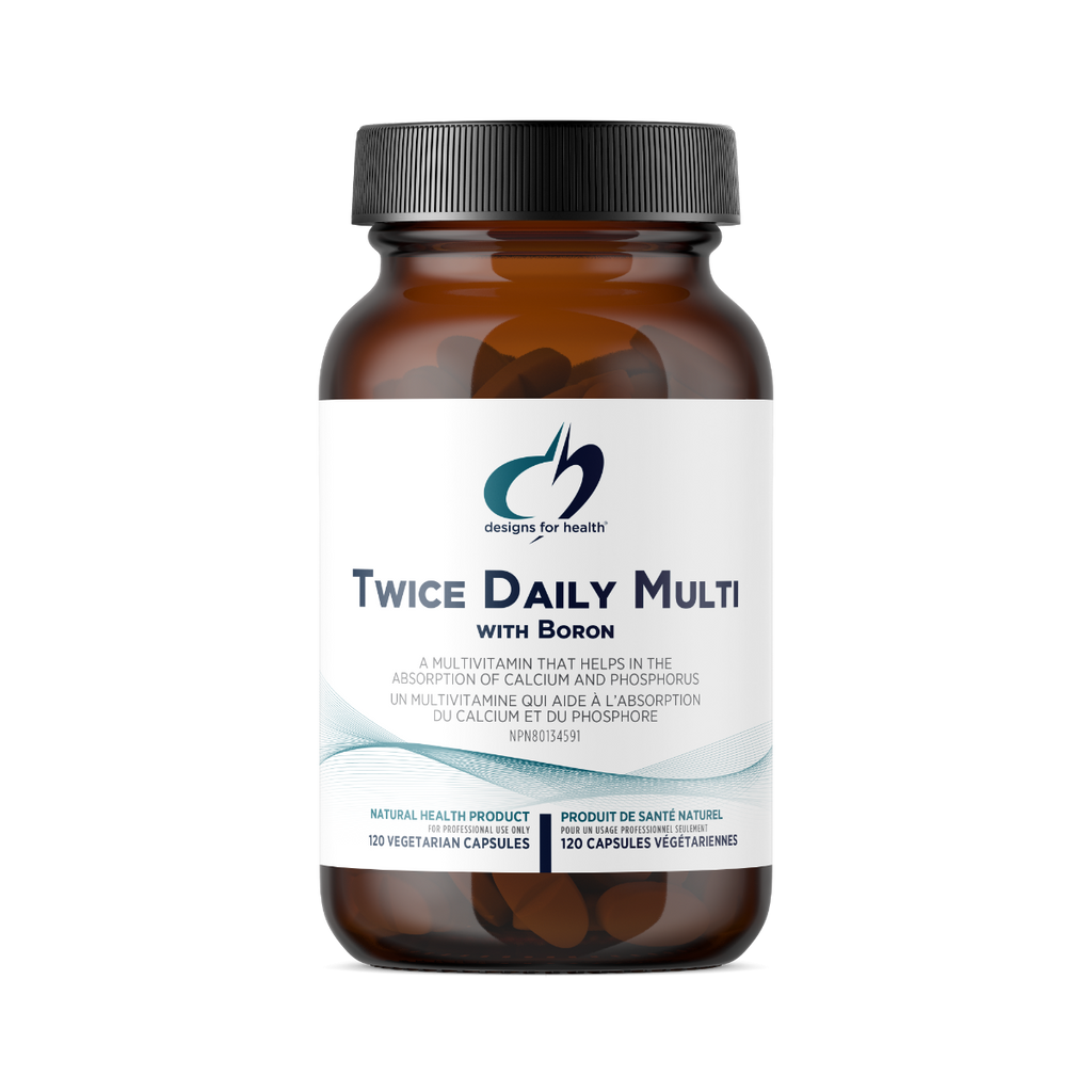 Bottle of 'Twice Daily Multi with Boron' supplement on a white background