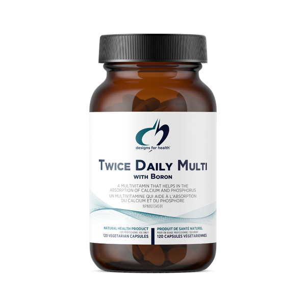 Bottle of 'Twice Daily Multi with Boron' supplement on a white background