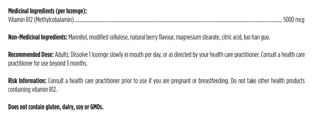 Product label with medicinal and non-medicinal ingredients, recommended dose, and risk information.
