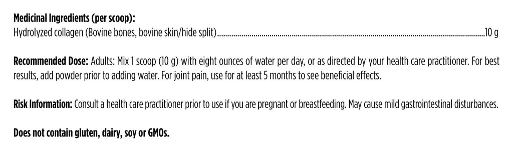 Product label with medicinal ingredients, recommended dose, and risk information.