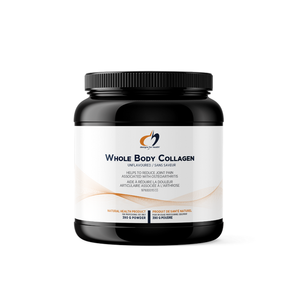 Black container of 'Whole Body Collagen' on a white background
