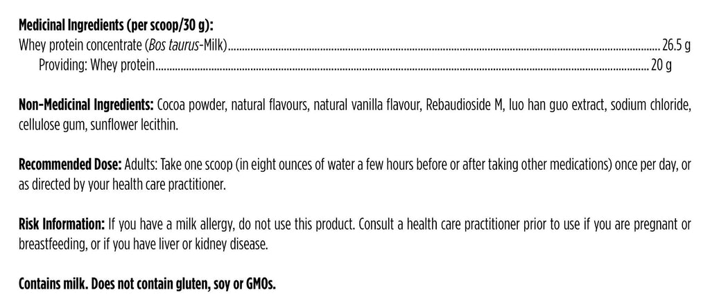 Product label with medicinal and non-medicinal ingredients, recommended dose, and risk information.