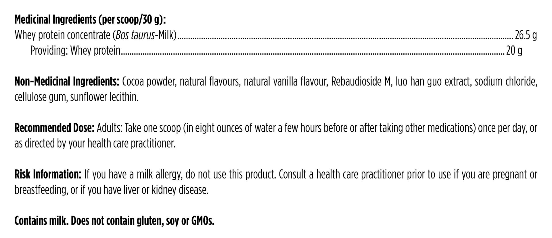 Product label with medicinal and non-medicinal ingredients, recommended dose, and risk information.