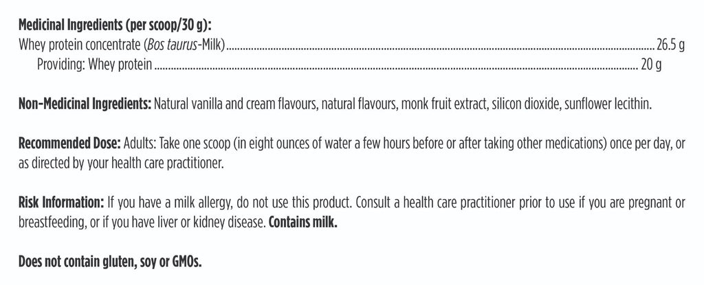 Nutritional label with medicinal and non-medicinal ingredients, recommended dose, and risk information.
