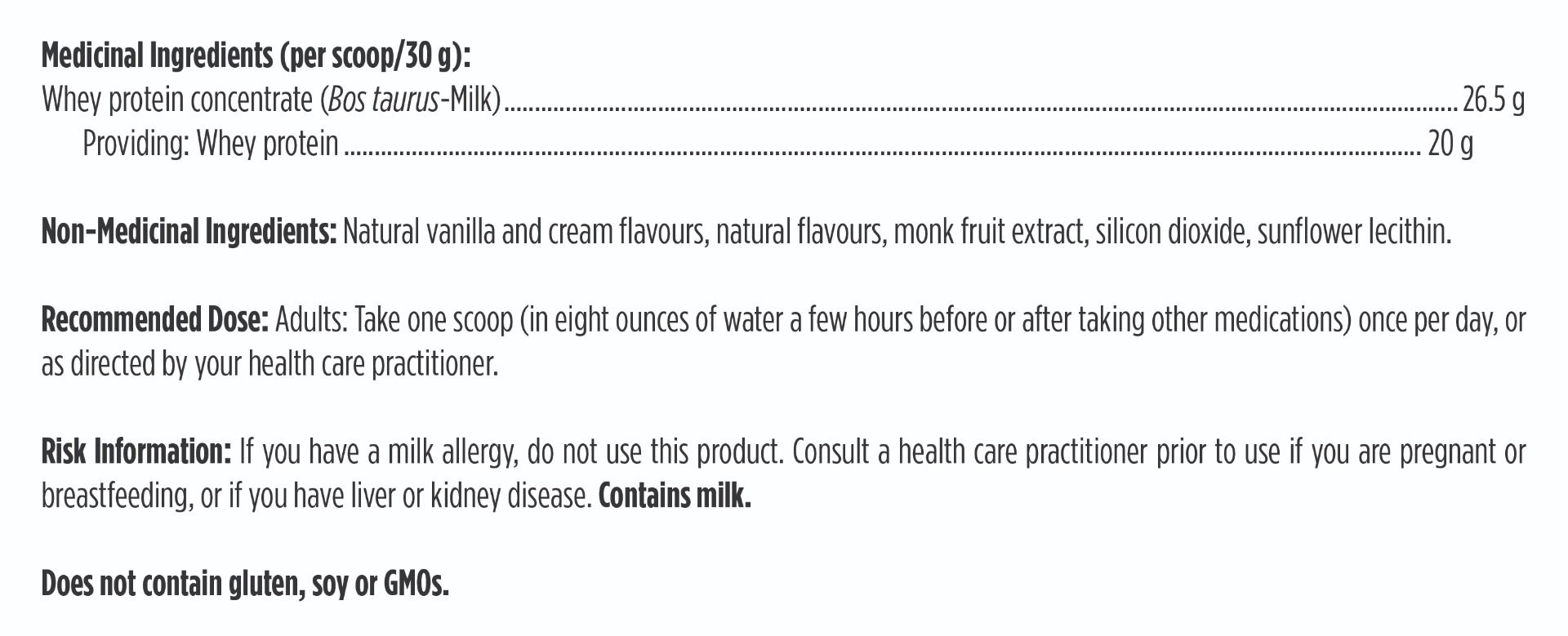 Nutritional label with medicinal and non-medicinal ingredients, recommended dose, and risk information.