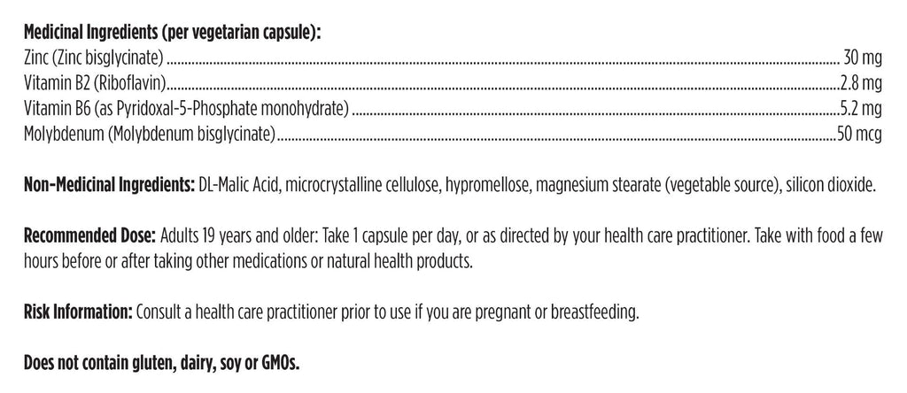 Supplement label with medicinal and non-medicinal ingredients, recommended dose, and risk information.