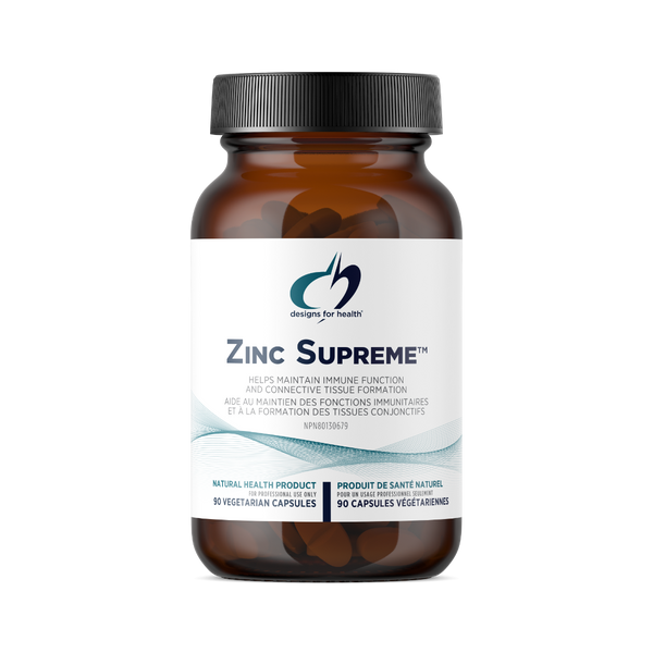 Bottle of Zinc Supreme supplement with a white label on a white background